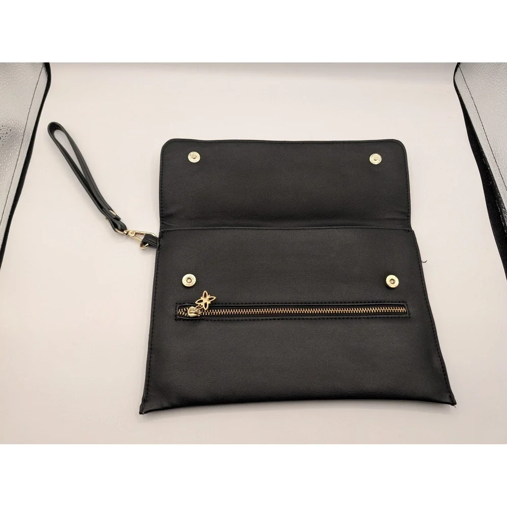 BCBGeneration Black Vegan Leather Wristlet Clutch Foldover Bag Gold Hardware